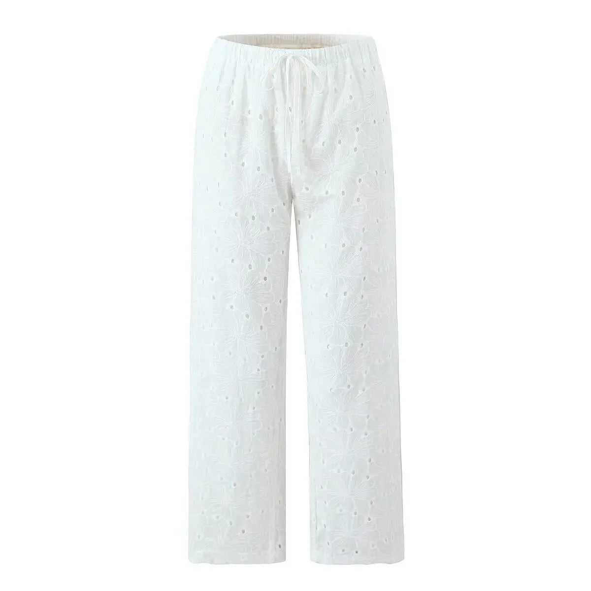 Foridol Hollow Out Cotton Women's 2 Pieces Set White Summer Pants Set Embroidery Top Pants Suit Matching Set Beach Casual Pants