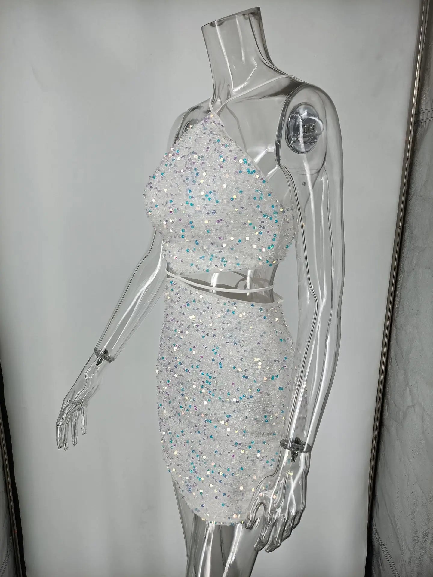 Phantasy Sexy Sequins Hollow out Halter Dress Women Fashion Backless Short Dress Chic Party Gown Lady Summer Night Club Dress up