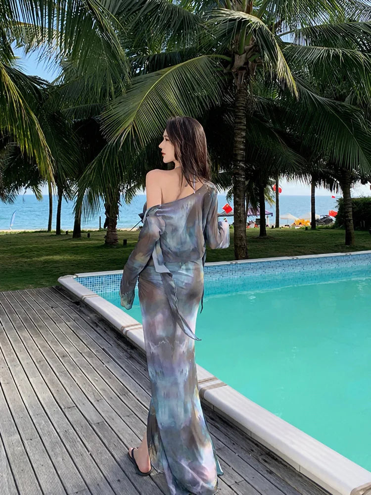 Korean Swimsuit 2025 Women Sexy Black Tie Dye Long Sleeve Cover Up  Long Skirt 4 Piece Bikini Set Bathing Suit Vacation Swimwear