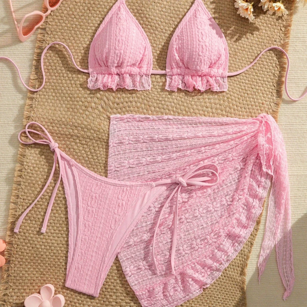 DEKA Lace Ruffled Swimwear Women Bikinis Set Backless Lace Up Bathing Suit Sexy Thongs Split Swimsuit Summer Beach Mini Skirt