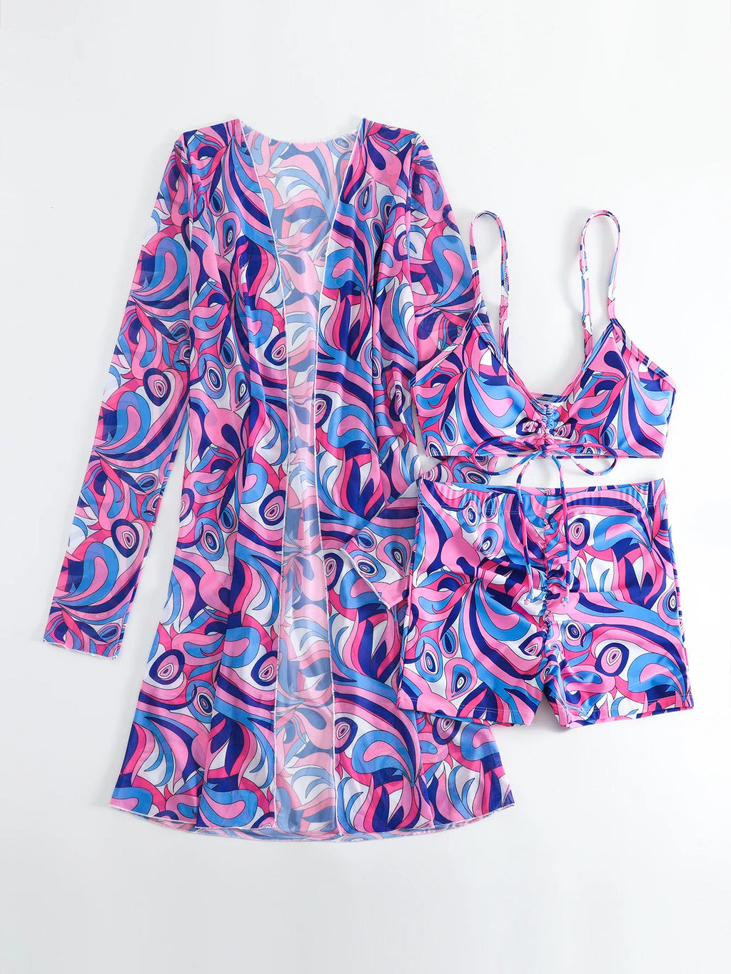 New Sexy 3 Pieces Suit for Women Neck Hanging Bikini Set+Cover-up Swimwear Sunproof Tankini High Waist Shorts Swimsuit Beachwear
