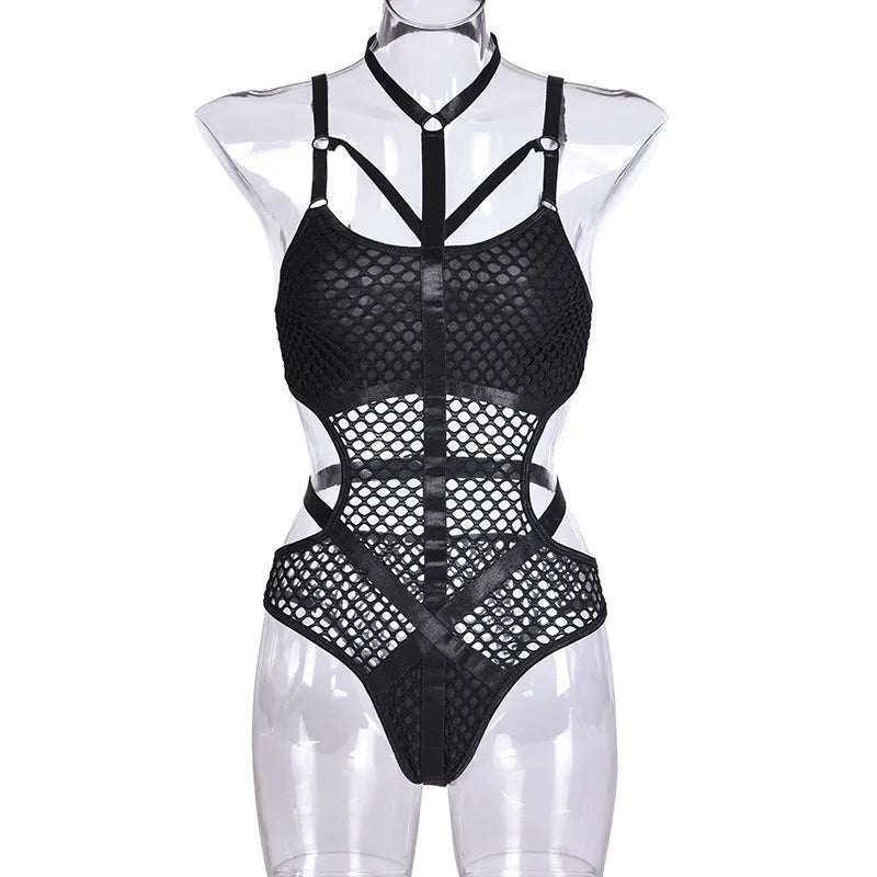 Toucheart Erotic Halter Bodysuit Large Mesh Splicing Andheavy Craftsmanship Women Hollow Seductive Intimate Hot Private Bodysuit