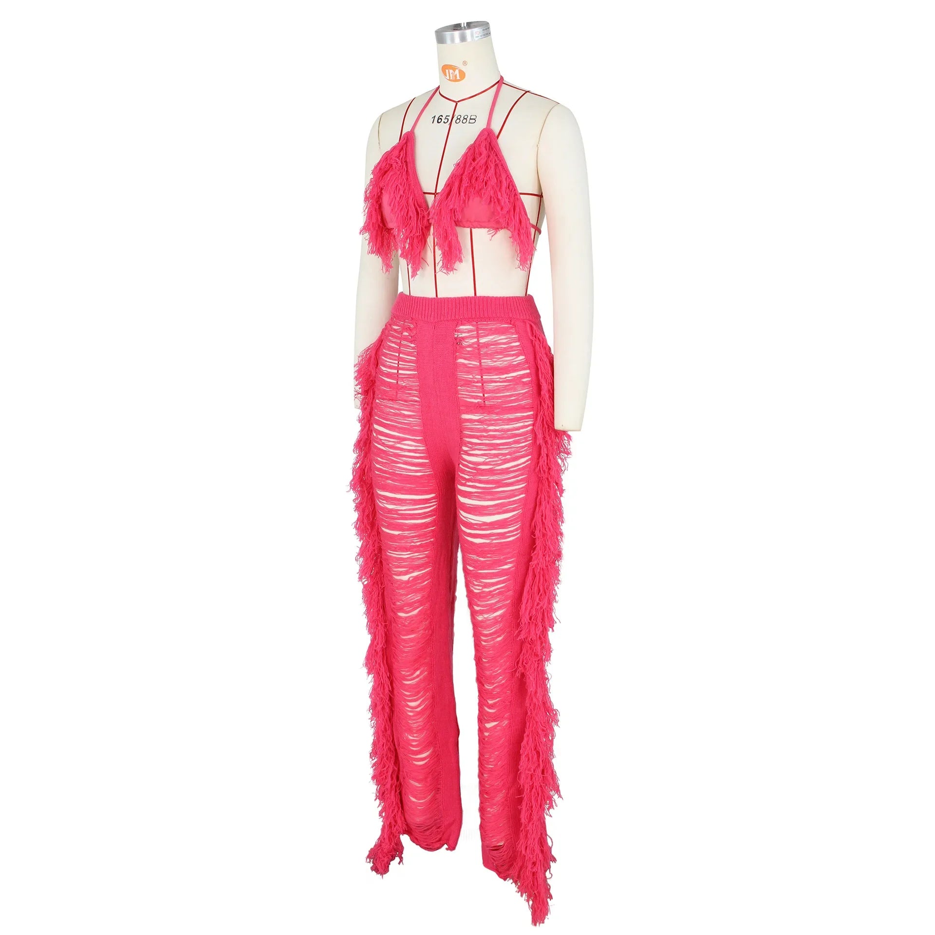 DEKAWomen Tassel Pants Knitted Bra Top Bikini Set Swimsuit Handemade Crochet Bikini Cover Up Tassel Beach Long Wrap Pant