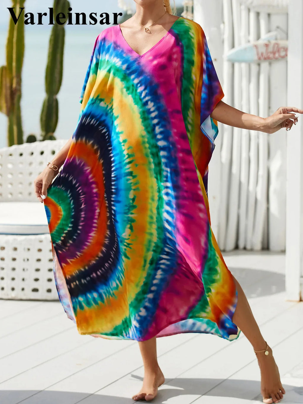 2026 New Colorful Kaftan Tunic Beach Dress Beach Wear Beachwear Beach Cover Up Cover-upsLoose Maxi Dress Female Women V4428