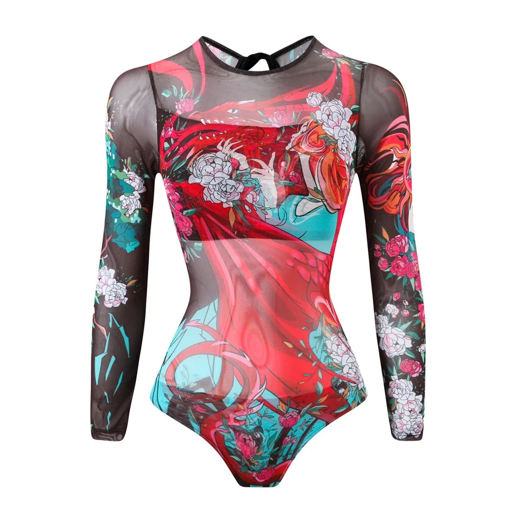 S - XXL Printed Long Sleeve With Sarong One Piece Swimsuit Women Swimwear Female Flowers Padded Bather Bathing Suit Swim K7181