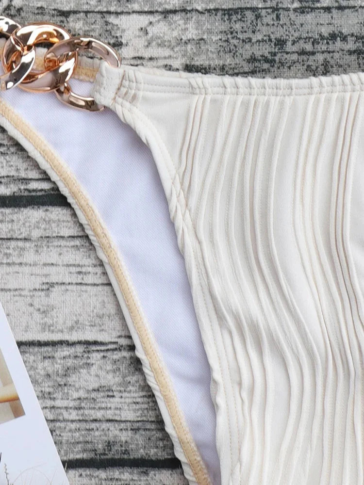 Halter Metal Rings Bikinis Wrinkled Bikini Female Swimsuit Women Swimwear Two-pieces Bikini Set High Cut Bathing Suit Swim Lady