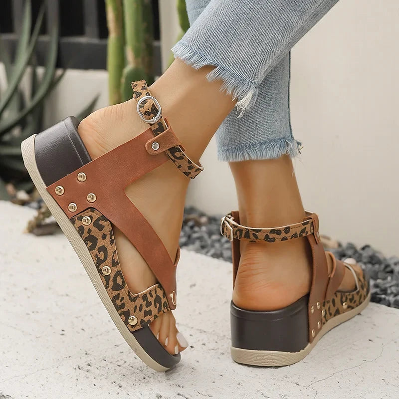 Summer Leopard Print Wedge Sandals Women Plus Size Ankle Strap High Heel Sandal Female New Slip On Pu Leather Sandalias Mujer