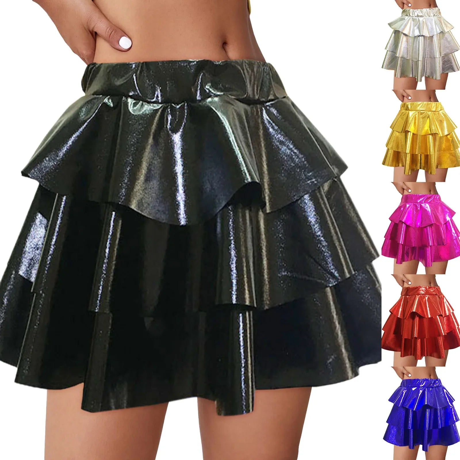 Women's Gold Metallic Tiered Mini Skirt Elastic High Waist Shiny Pu Ruffle Hem Party Skirts Dance Performance Festival Outfits