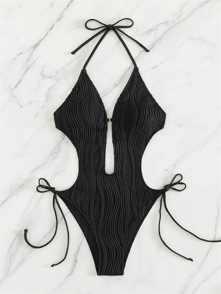 One Piece Swimsuit for Women 2024 Lace Patchwork Green Hollow Out Thong Swimwear Beach Bathing Suit Tie Side Backless Monokini