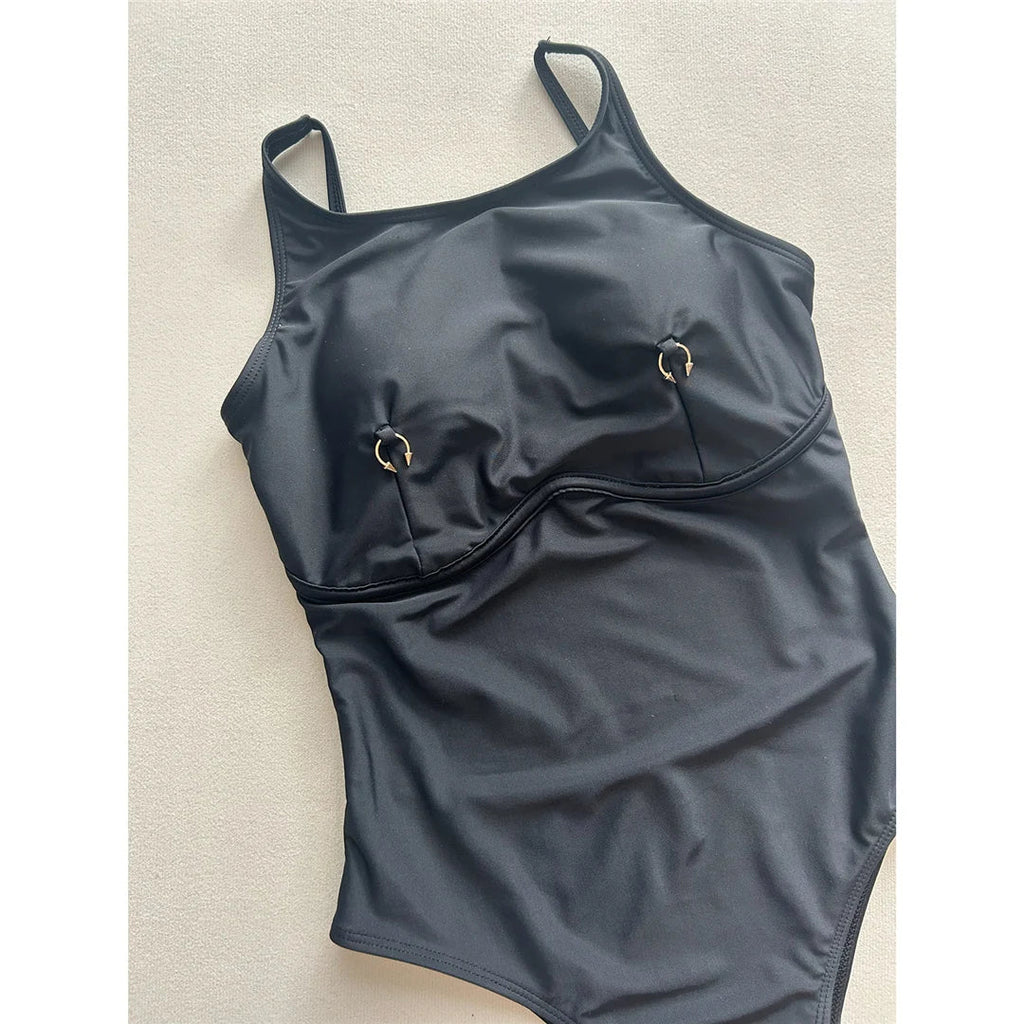 Metal Ring Backless Black Women Swimwear One Piece Swimsuit Female Brazilian High Leg Cut Padded Bather Bathing Suit Swim V7512