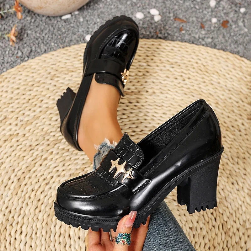 British Style Chunky High Heel Pumps Women 2026 Plus Size 42 Thick Heeled Loafers Woman Slip On Office Pu Leather Shoes Ladies