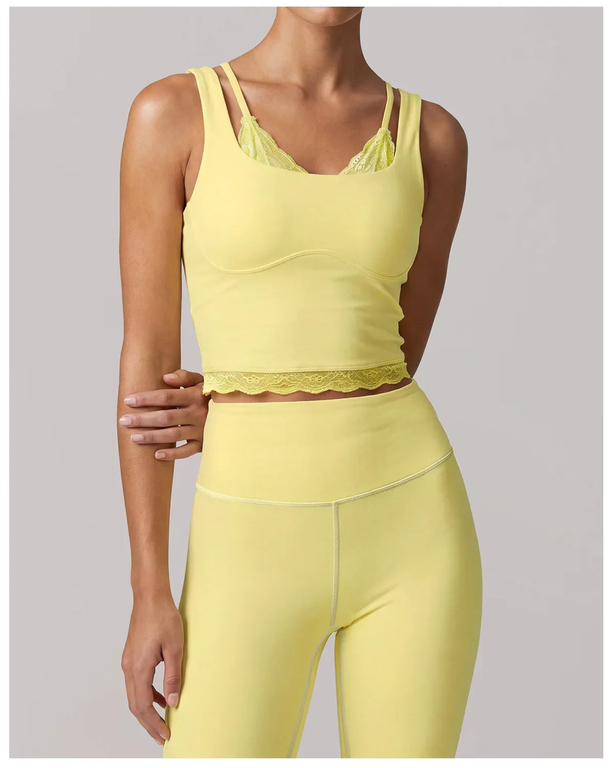 Fake Two Piece Tank Top Yoga Sets Women Lace V Neck Sports Vest Fitness Suit Hip Lifting High Waist Leggings Workout Clothes