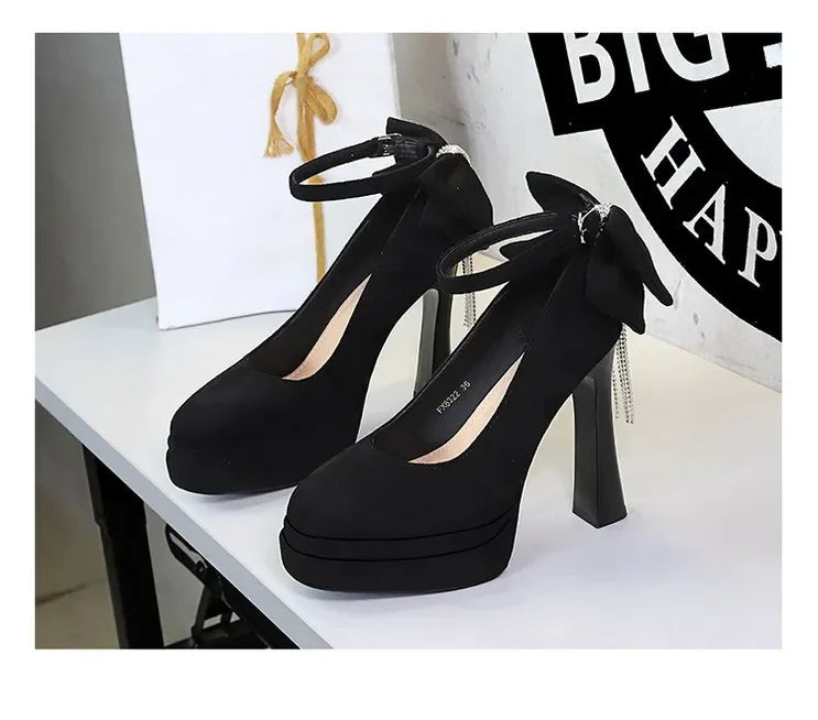 BIGTREE Women's Pointed Toe High Heels Back Bowknot Elegant Flock Ankle Strap Pumps for Women Black Dress Shoe Wedding Party