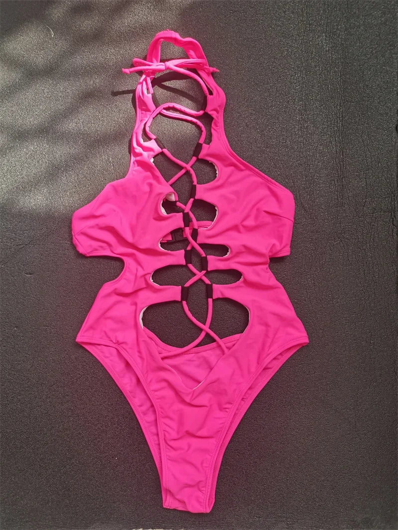 Sexy Black Hollow Out Swimwear Women 2026 High Neck Backless Monokini Lace Up Bandage Bathing Suit Holiday One Piece Swimsuit