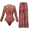 Colorful Printed Women One Piece Swimsuit Fashion Lady Long Sleeve Swimwear Retro Mujer Bodysuit with Pants Set Female Beachwear
