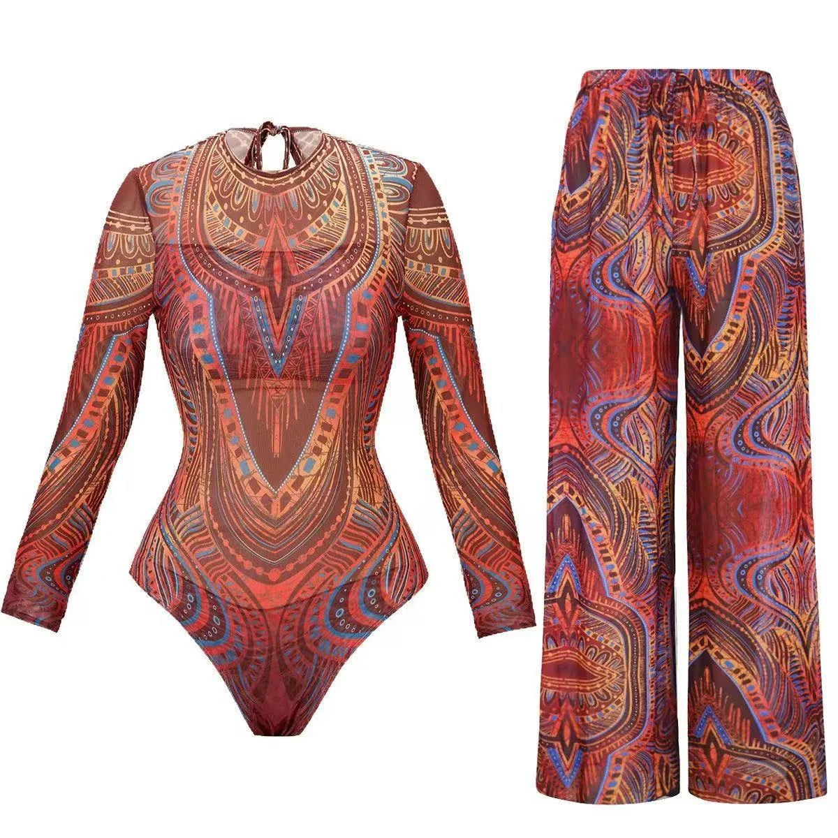 Colorful Printed Women One Piece Swimsuit Fashion Lady Long Sleeve Swimwear Retro Mujer Bodysuit with Pants Set Female Beachwear