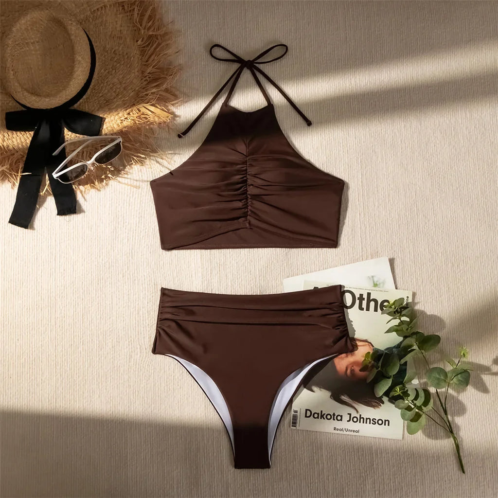 Halter Wrinkled High Neck Female Swimsuit High Waist Bikini Women Swimwear Two-pieces Bikini Set Bather Bathing Suit Swim V5616