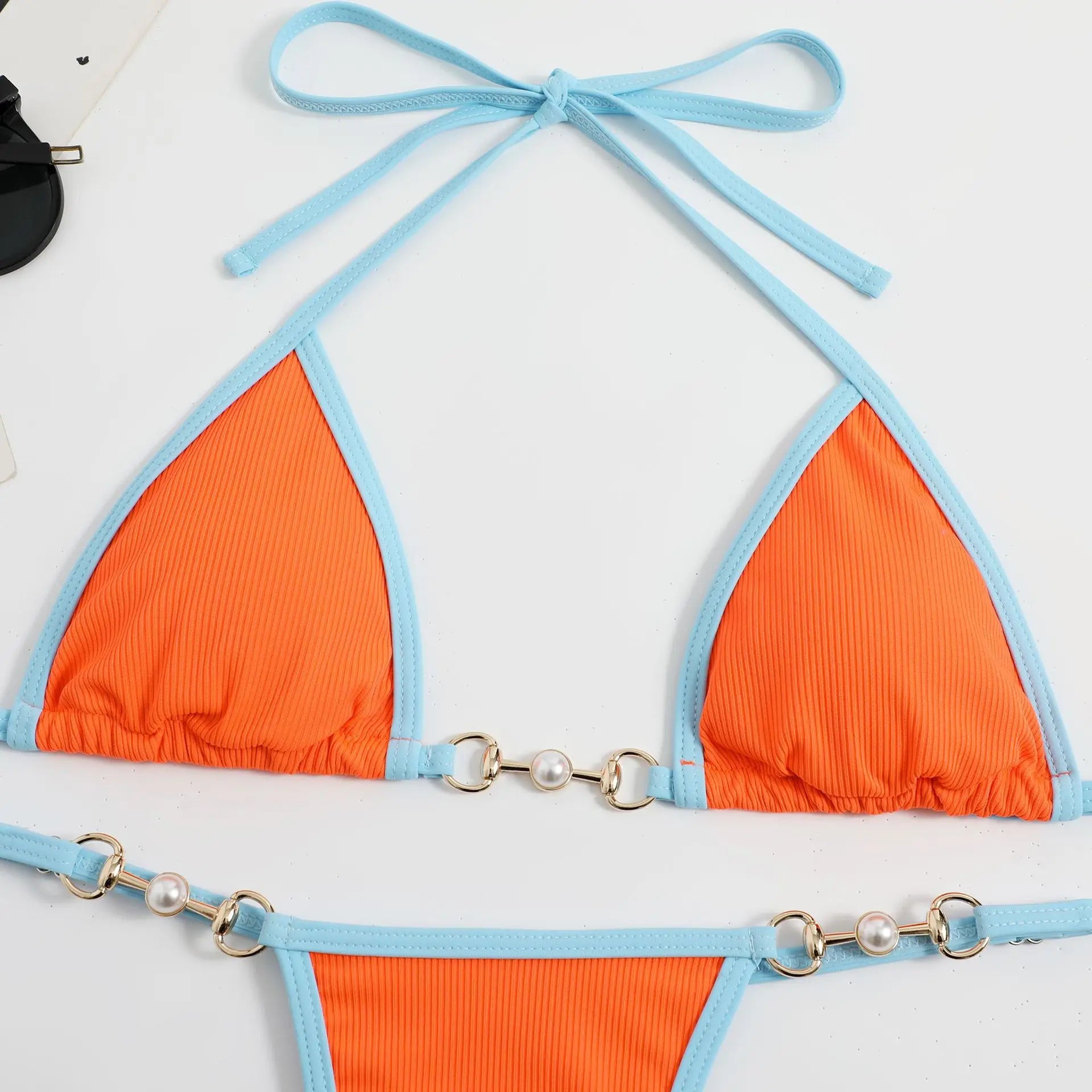 New Micro Bikini Set for Woman Chain Link Swimsuit Sexy Backless Neck Lace-up Bathing Suit Beachwear Female Push Up Swimwear