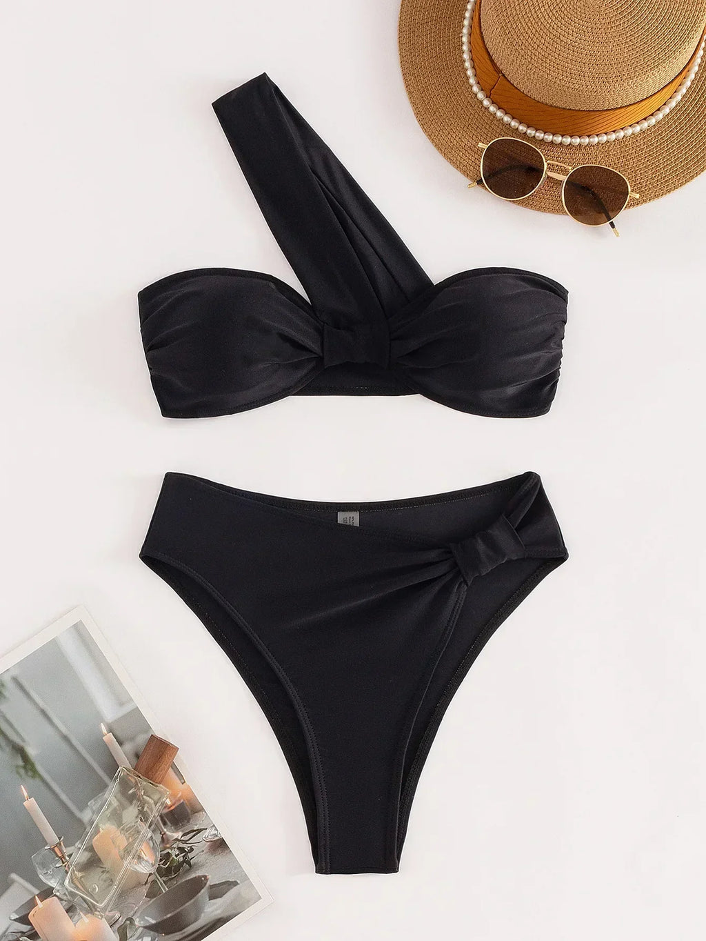 Sexy One Shoulder Bikinis Sets 2024 Women Black Push Up Pleate High Waist Swimsuit Beach Bathing Suit 2 Piece Swimwear Biquini