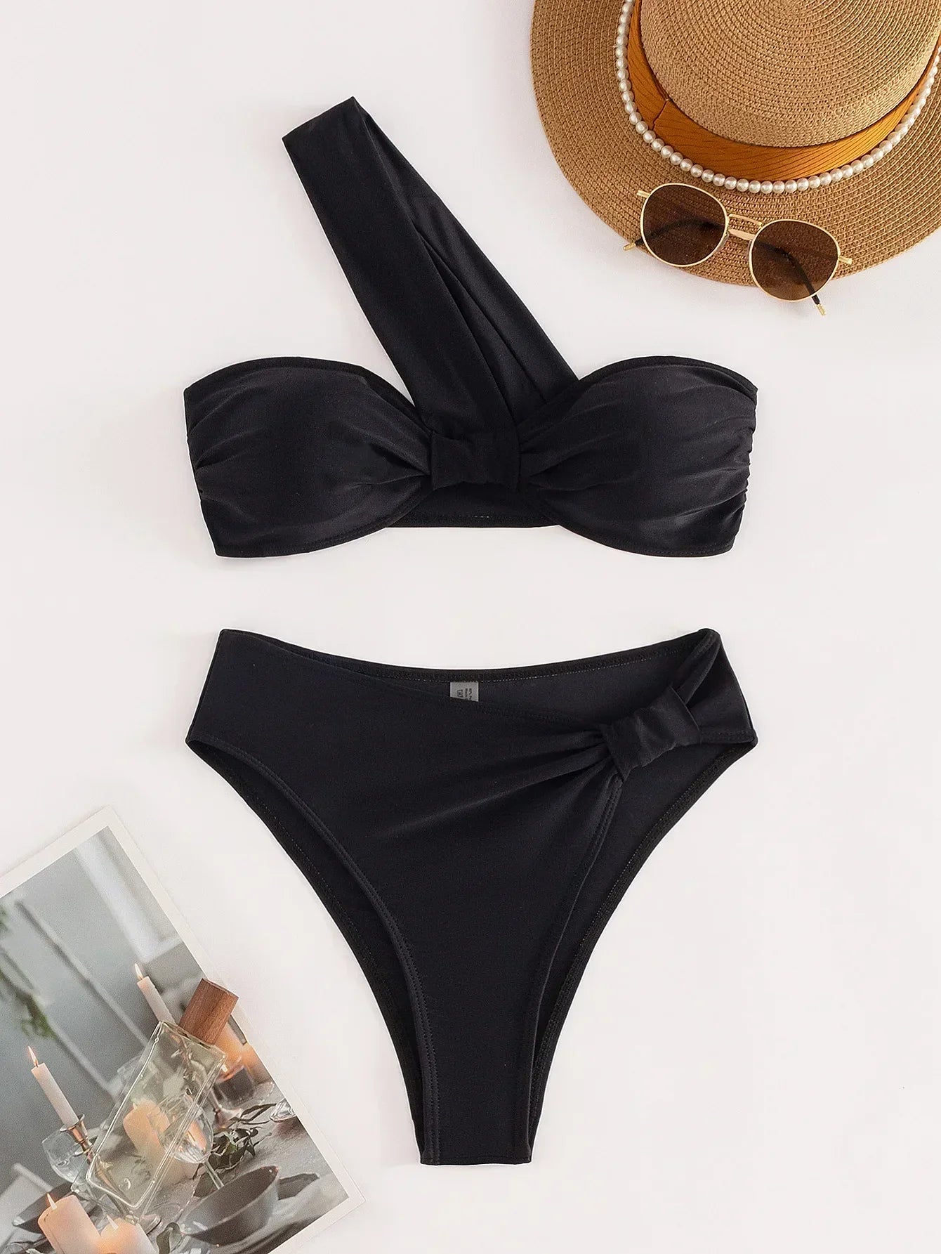 Sexy One Shoulder Bikinis Sets 2024 Women Black Push Up Pleate High Waist Swimsuit Beach Bathing Suit 2 Piece Swimwear Biquini