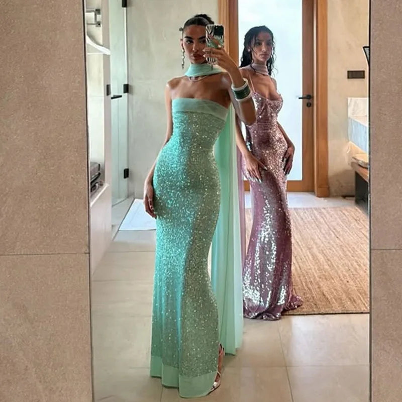 FDYOUI Luxury Bandage Sequins Evening Party Dresses for Women Sexy Strapless Off Shoulder Backless Split Slim Long Wedding Dress