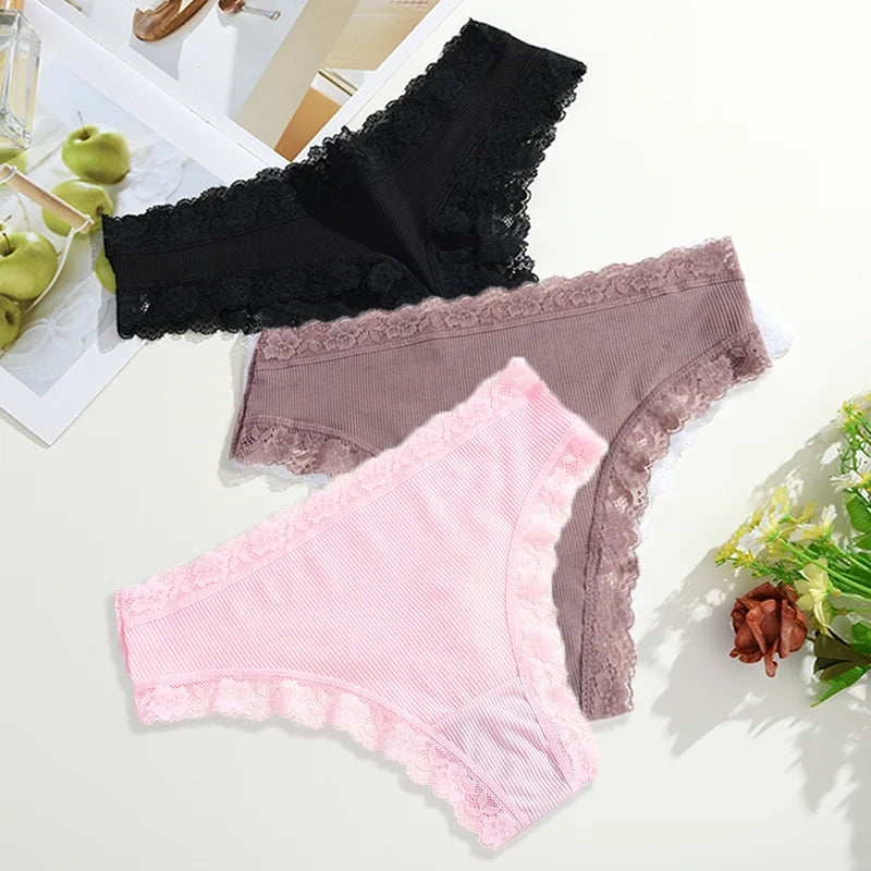3Pcs Women Cotton Lingerie Sexy Thong Soft Fashion Panties Femme Design Underwear Pantys Underpant Lingerie Lace Intimates S-XL