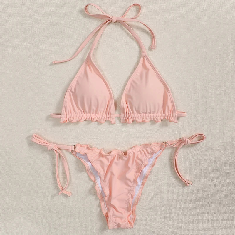 2026 Ribbed Ruffled Frilled Brazilian Bikini Women Swimsuit Female Swimwear Two Pieces Bikini Set Halter Bathing Suit Swim Lady