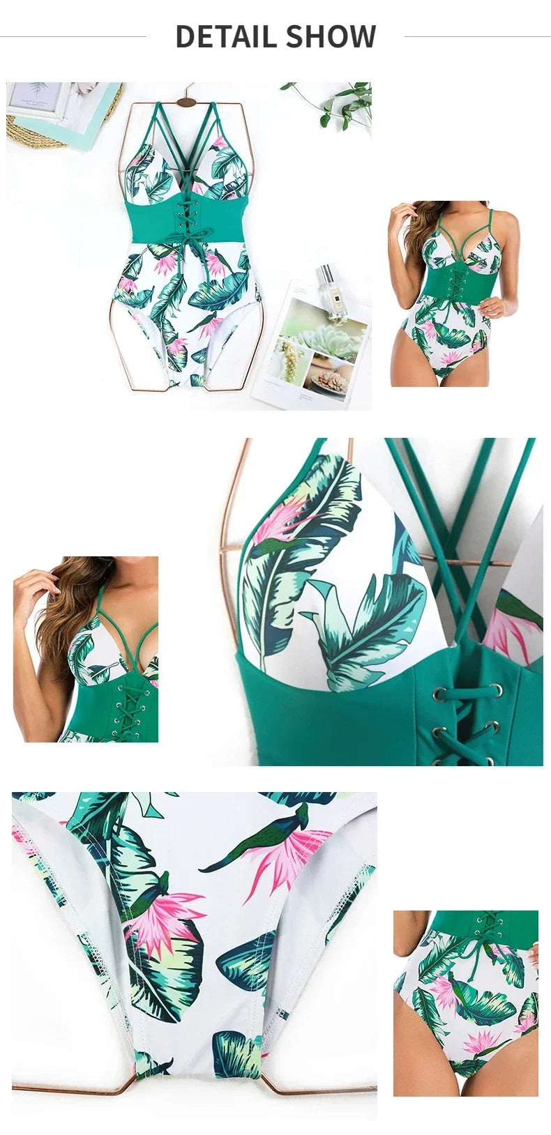 Sexy One Piece Swimsuit Swimwear Women Leaf Print Patchwork Hollow Cross Straps Backless Beachwear Bathing Suit Banadores Mujer