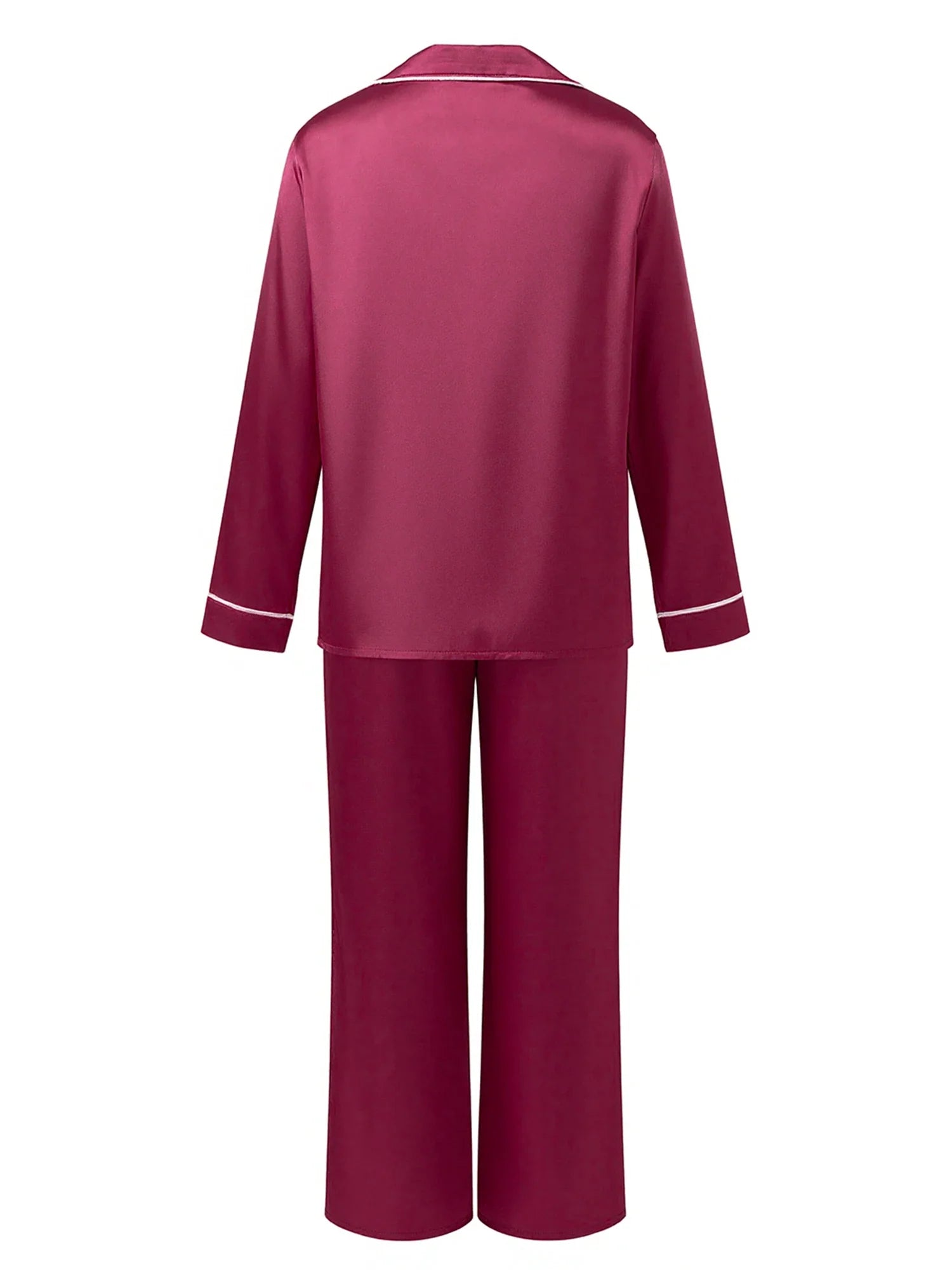 Women's Satin Two Pieces Pajama Sets Fashionable Contrast Color Trim Long Sleeve Button Down Tops with Pants Soft Sleepwear