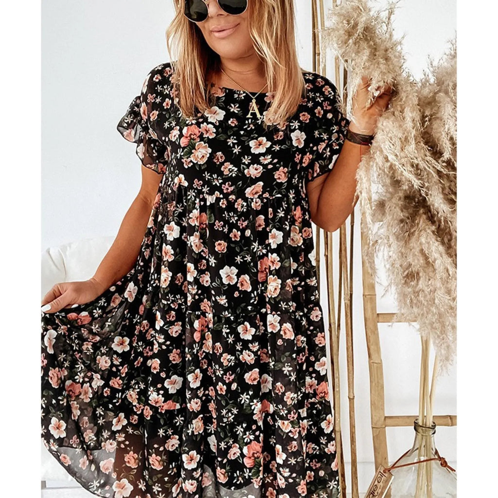 Summer Lady Ruffle Mini A Line Dress Women Casual Floral Print Dresses O Neck Elegant Short Sleeve Midi Dress Vacation Vestidos