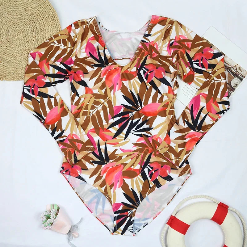 Long Sleeve Swimwear 2024 Surfing Bathing Suit Women Backless Print One Piece Swimsuit Retro Rashguard Monikini Bodysuit