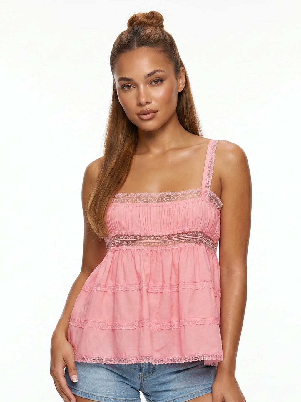 Women's Solid Color Babydoll Tank Tops Summer Stylish Lace Trim Loose Hem Square Neck Spaghetti Strap Sleeveless Camisoles
