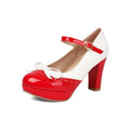 Plus Size Crossed Thin Ribbon Bow Shallow High-Heeled Shoes Patent Leather Splicing White PU Sweet Lolita Style Pumps