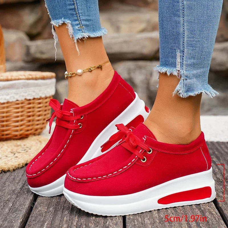 Red Chunky Platform Sneakers Women Comfortable Non Slip Thick Sole Casual Shoes Woman Plus Size 43 Lace Up Sport Shoes Female