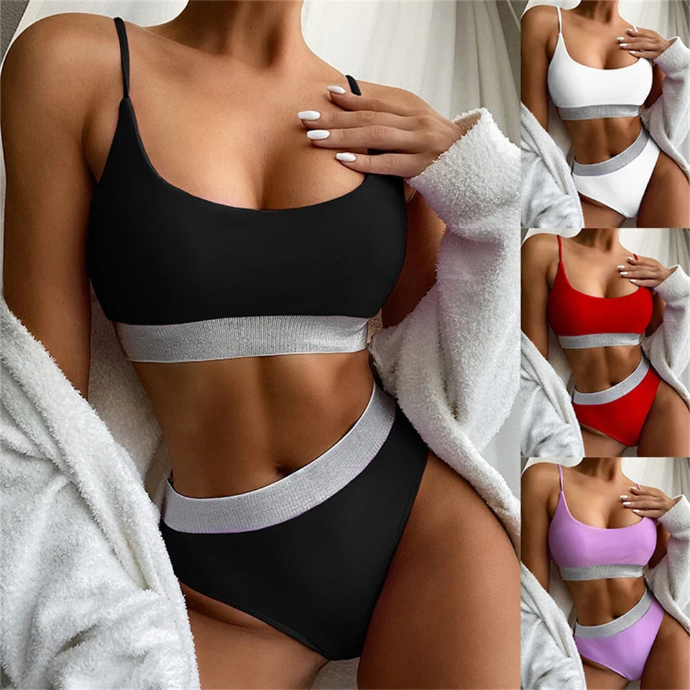 Bikini 2026 Sexy Swimwear Swimsuit Women Push Up High Waist Shining Bandage Patchwork Bikinis Set Bathing Suit Biquinis Feminino