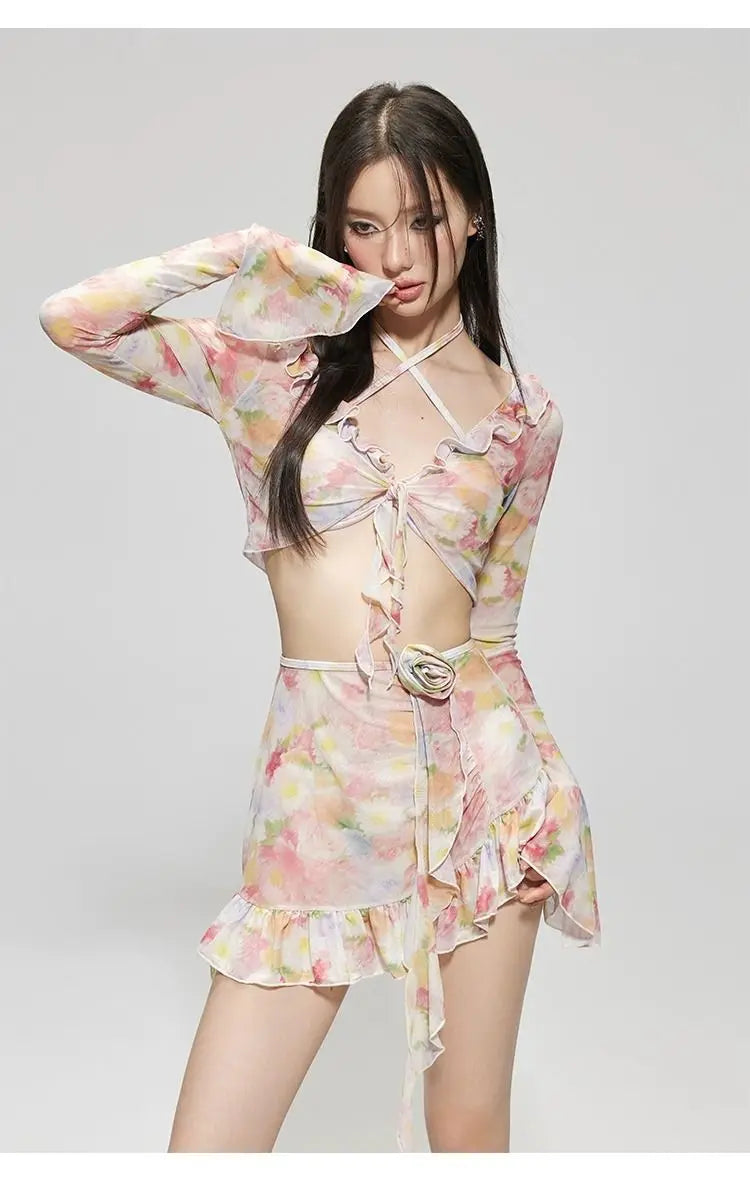 Bikinis Set Swimsuit Women Sweet Floral Prints Summer Girlish Sexy Ruffles Korean Style High Waist Swimwear Fashion Beach Wear