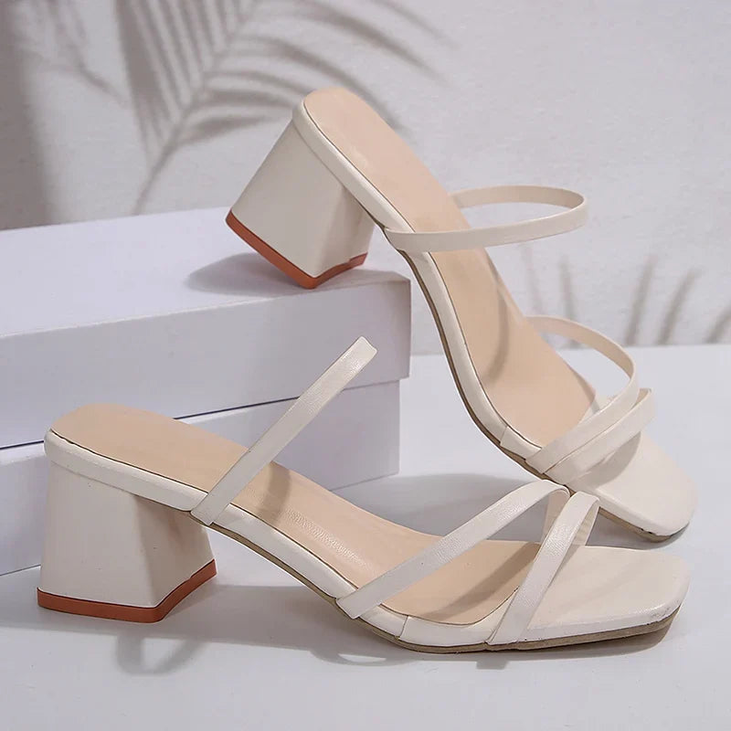 Square Heel Mules Sandals Women 2025 Summer Fashion High Heeled Dress Shoes Woman Slip On Straps Gladiator Sandalias Mujer 35-42