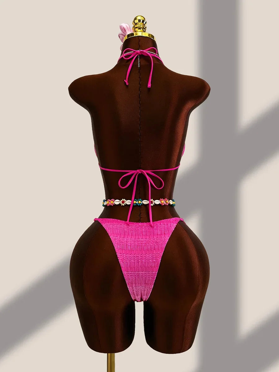4PCS with Cover Up Skirt Gradient Knit Bikini Women Swimwear Female Swimsuit Four-pieces Bikini Set Bathing Suit Swim Beachwear