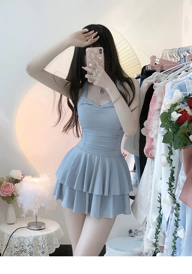 Swimsuit Fairy One-piece Solid Color Conservative Slightly Chubby Slimming Girl Sweet Student Pure Desire Hot Spring Swimsuit