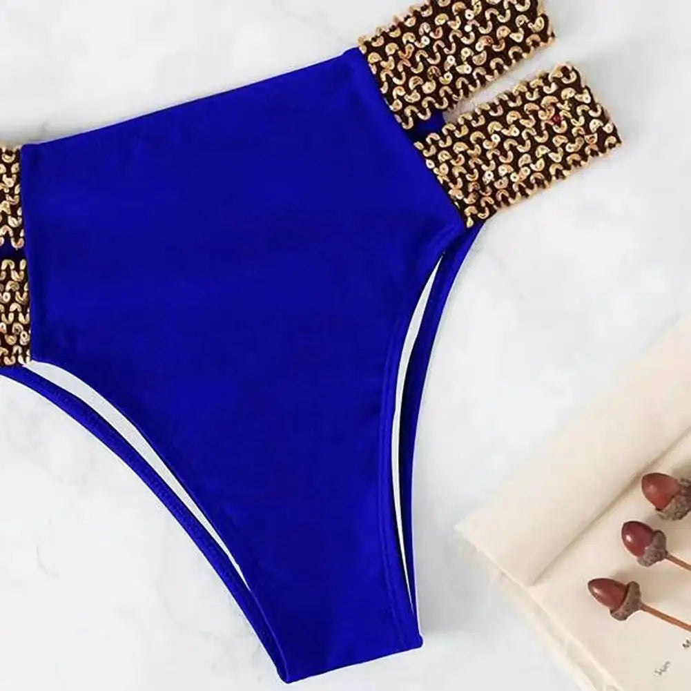 2Pcs/Set Women Bikini Set Ring Connection Off Shoulder Bathing Suit Elastic Waistband Backless High Cut Lady Beach Bikini Suit