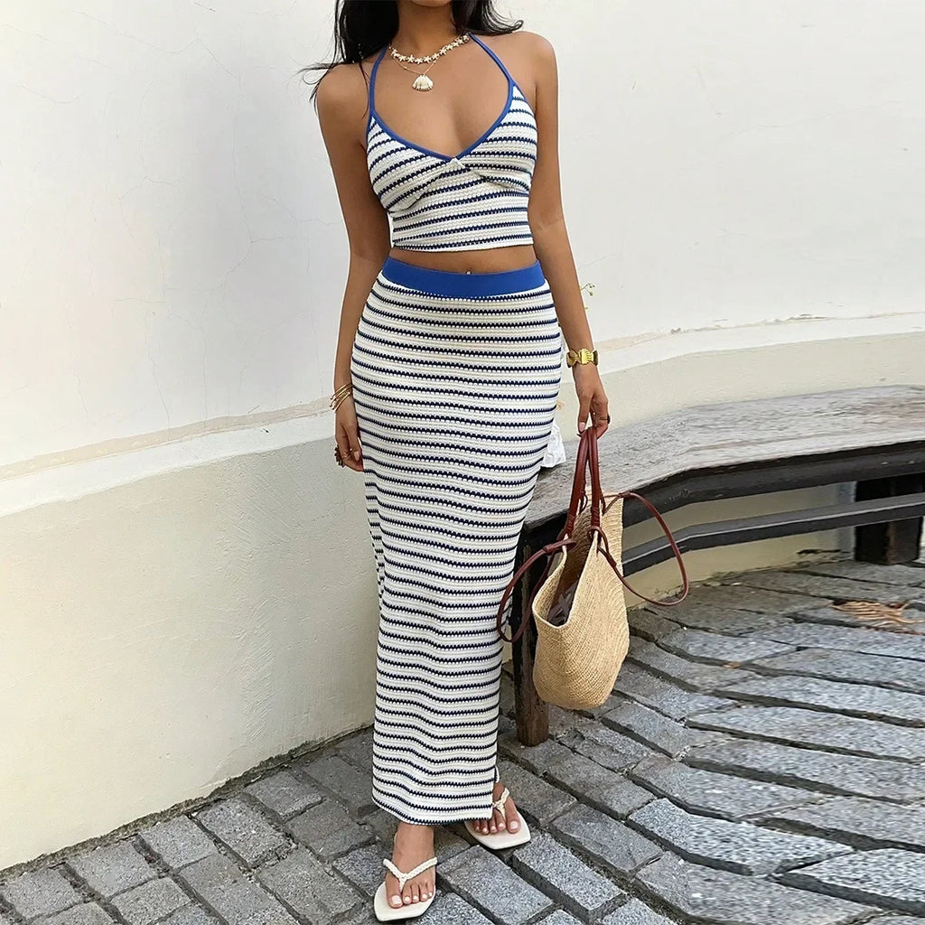 Summer slim temperament hot girl striped halterneck backless skirt suit vest casual suit
