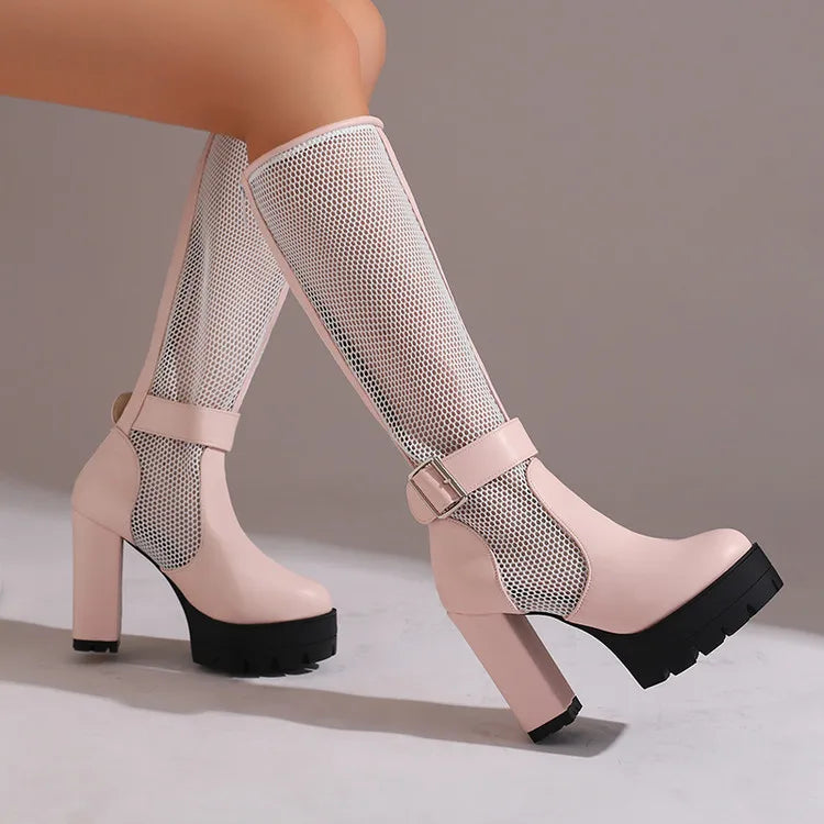 Plus Size Mesh Fabric Splicing PU High Socks Boots Ankle Buckle Ultra Thick Heel Back Zipper Breathable Summer Knee High Boots