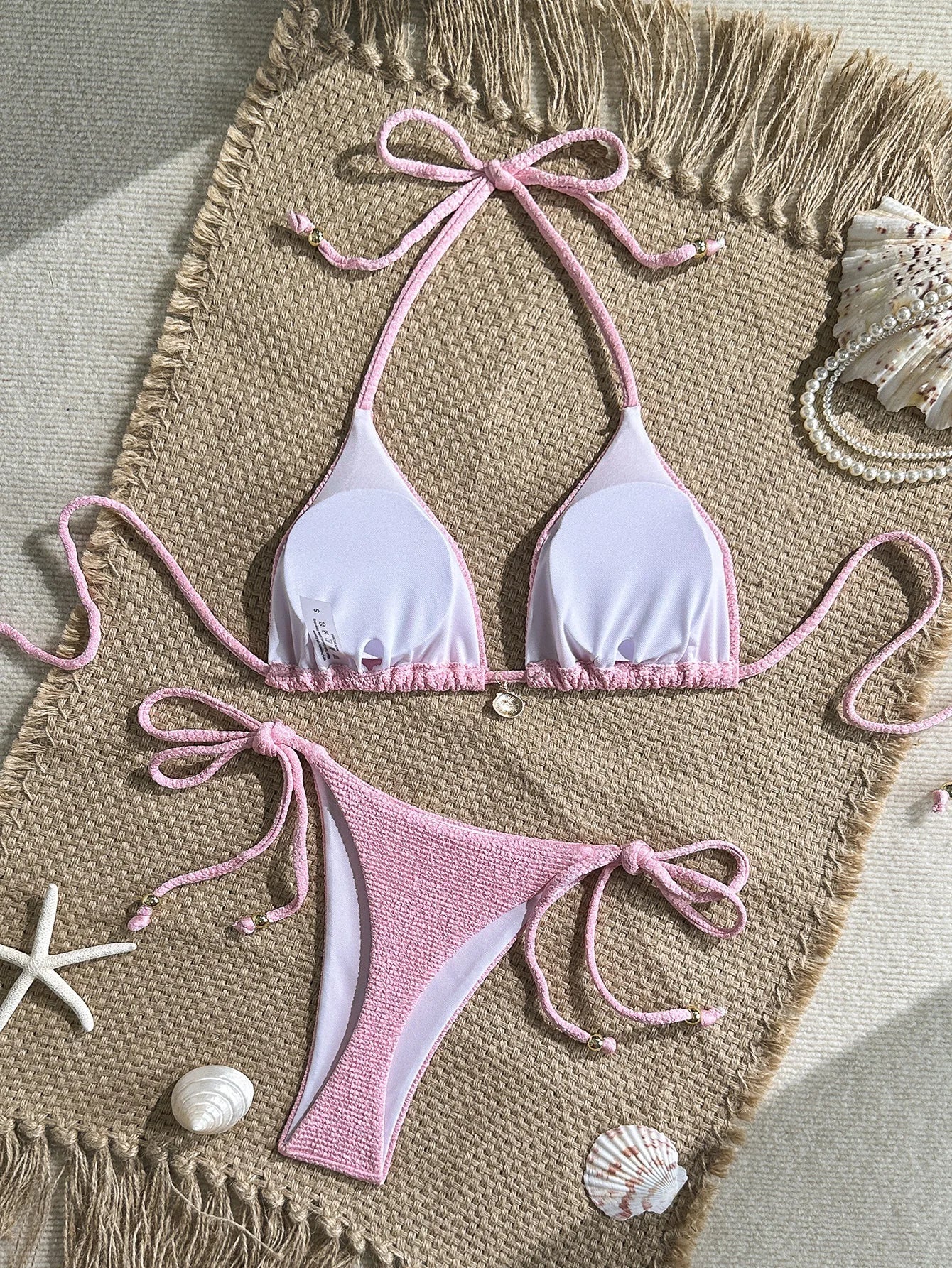 Sexy Pink White Bikini Set 2026 Women Shell Ornament Push Up Tie Side Thong Swimsuit Summer Bathing Suit Holiday Micro Swimwear