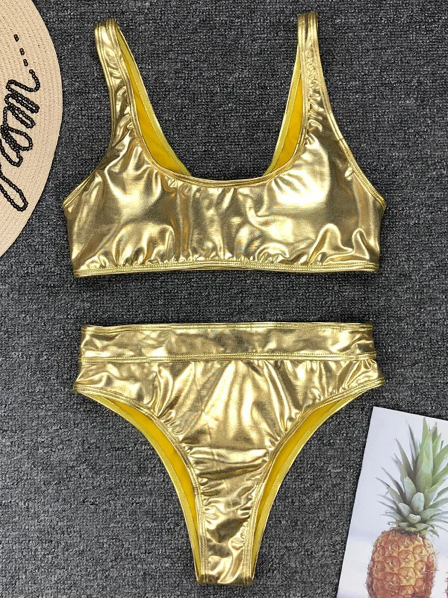 Sexy Shiny PU Leather Bikini Women 2025 Bikinis Bling Swimwear One Piece Swimsuit Female Monokini Bather Bathing Suit Swim Lady