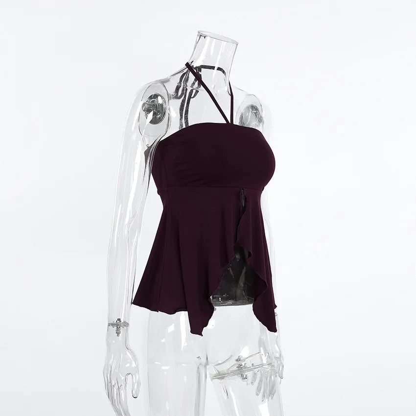 Phantasy Fashion Halter Crop top Fashion Brown Tank Top Women Sexy Split Camisole Lady Night Out Streetwear 2026 Summer Clothing