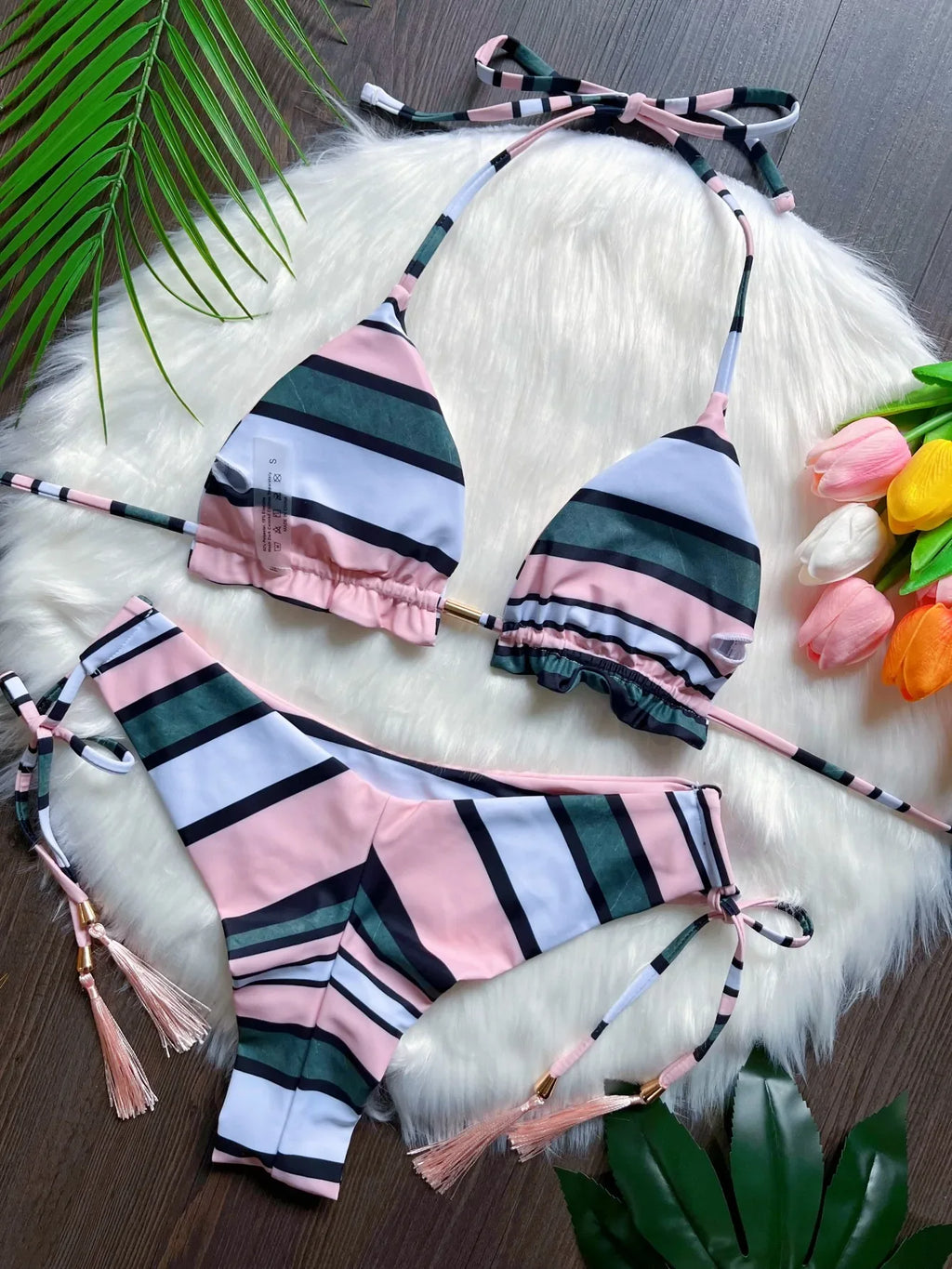 Sexy print women's bikini swimsuit split set with straps and tassels 2-piece set for summer beach swimsuit