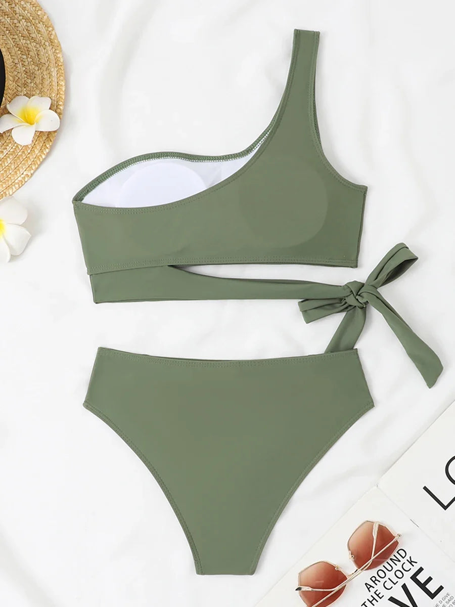 One Shoulder Bikini Set Sexy 2025 Swimsuit Women Solid Padded Swimwear Female Bathers Bathing Swimming Swim Suit Beachwear