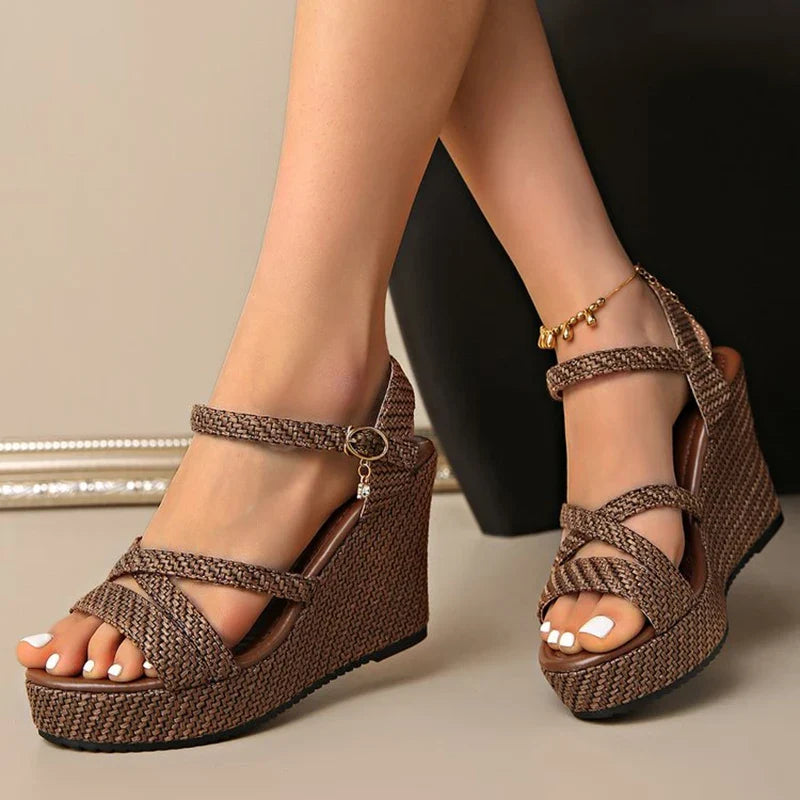 Ankle Buckle Coffee Wedges Sandals Women 2026 Summer Woven Chunky Platform Sandles Woman Peep Toe Plus Size Fashion Sandals 42