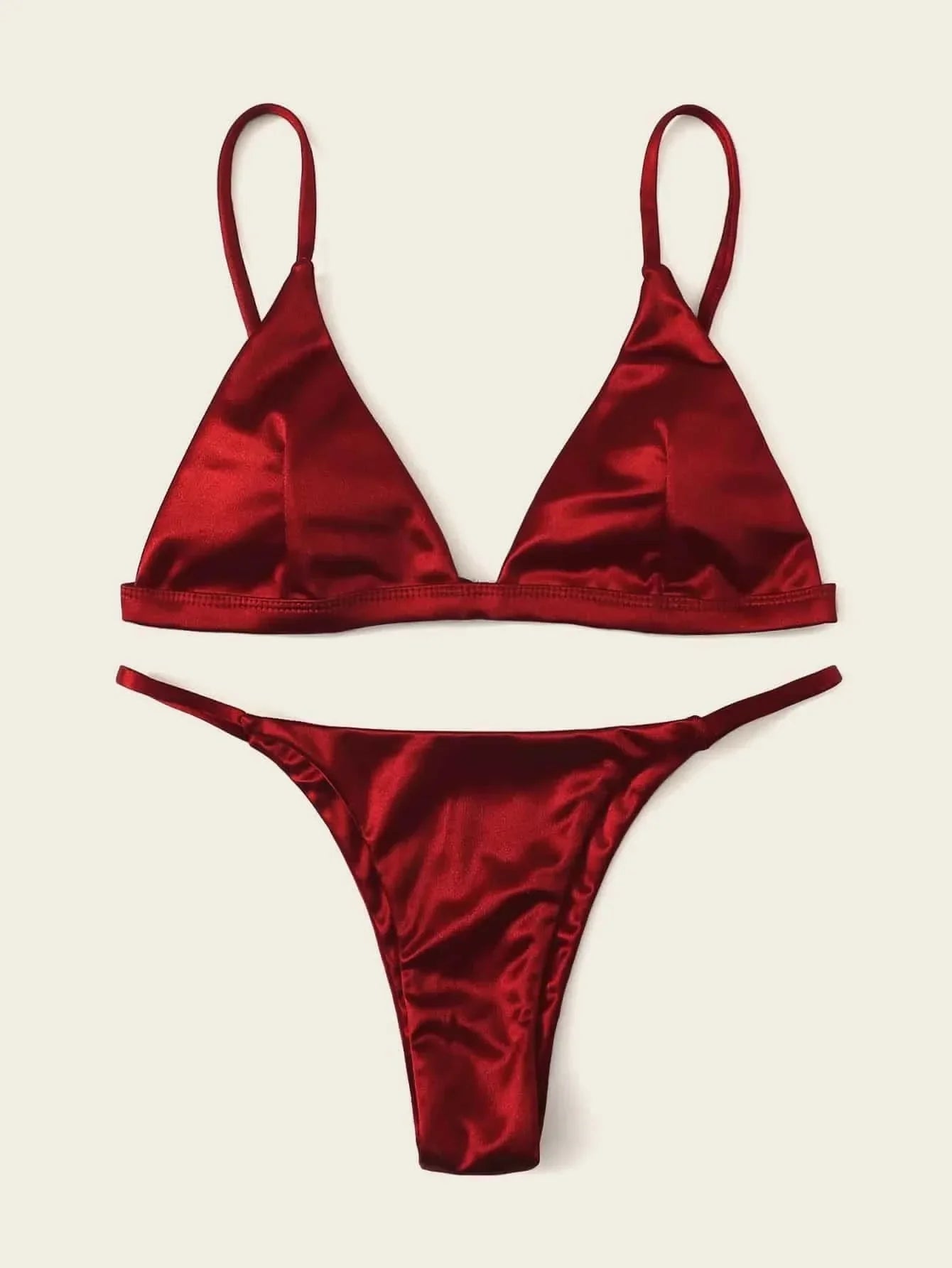 Sexy Satin Wine Red Triangle Micro Bikini Sets Two Pieces Thong Swimsuit Swimwear Beach Outfits for Women Conjunto De Bikini