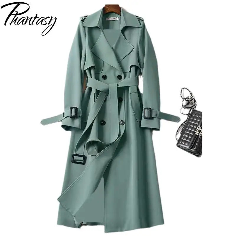 Phantasy Trench Coat Women Long Sleeve Jacket British Style Long Cloack Lace Up Elegant Office Lady Trench Spring Autumn Outfit